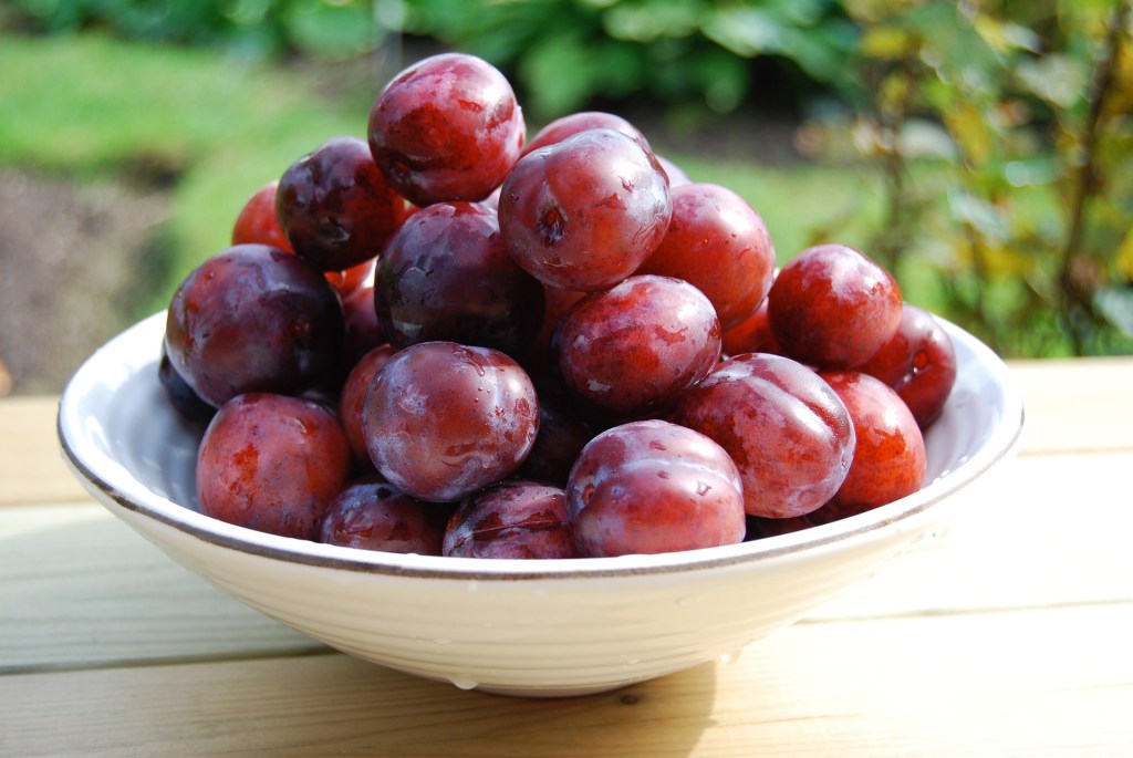 Fresh, whole red plums in a fruit bowl